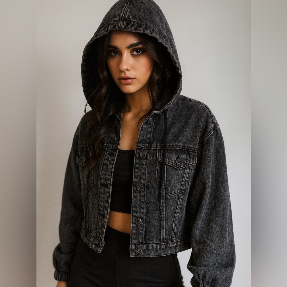 YMI Acid Wash Grey Cropped Denim Jacket with Hood Size Large